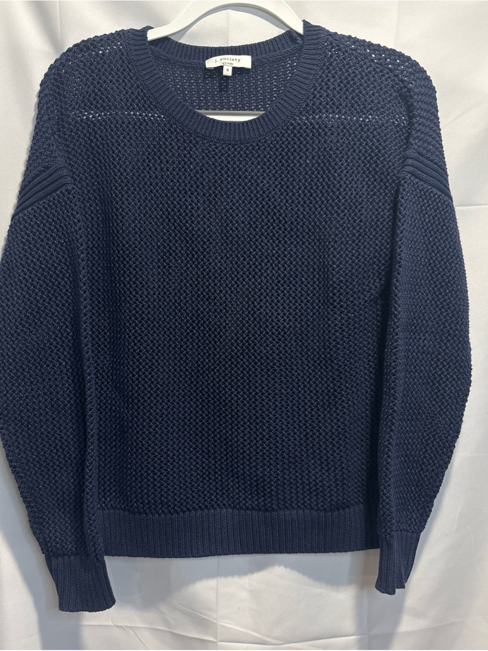 J.Society Navy Open-Weave Crewneck Sweater with Shimmer